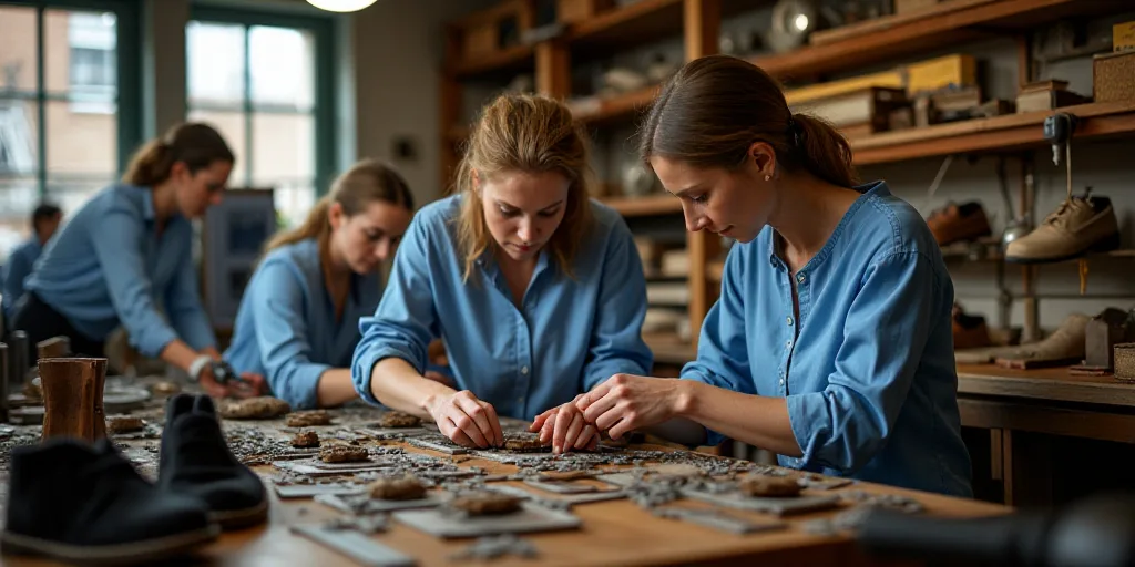 a group of people working on shoes in a shoe shop with a woman in blue shirt and another woman in bl