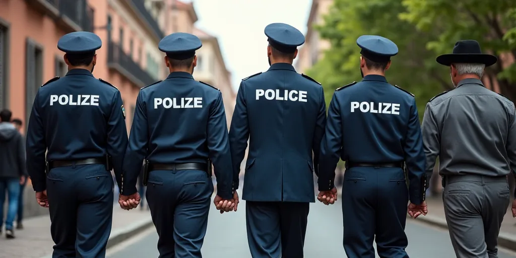 a group of police officers walking down a street together in uniform and holding hands behind their