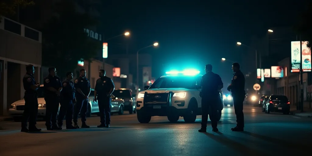 a group of police standing around a white truck in the street at night time with a police officer st