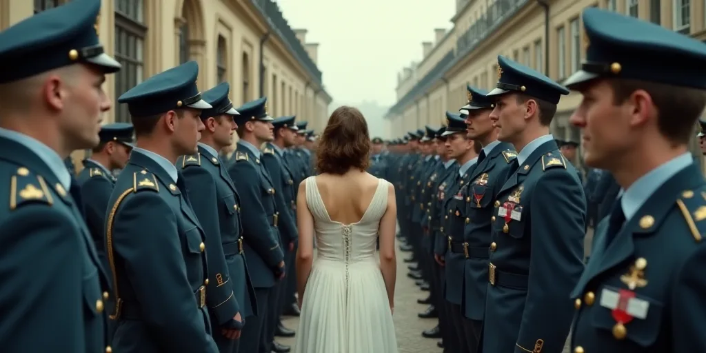 a group of soldiers standing around a woman in a white dress and a man in a blue shirt and a man in