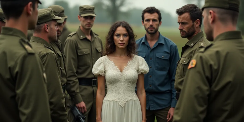 a group of soldiers standing around a woman in a white dress and a man in a blue shirt and a man in