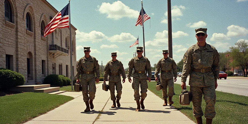 a group of soldiers walking down a sidewalk next to a flag pole and a building with a flag on it, Ar