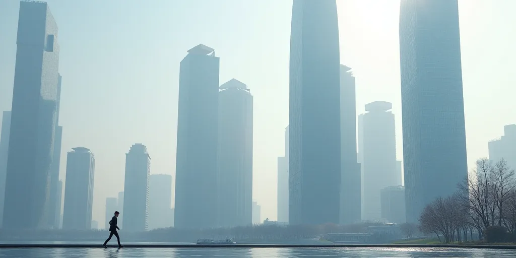 a group of tall buildings with a sky background and a person walking in the foreground of the photo,