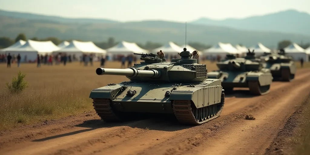 a group of tanks sitting in the dirt near a field of tents and people standing around them in the di