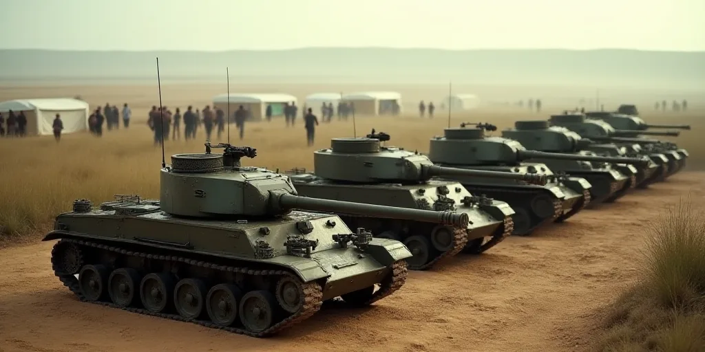 a group of tanks sitting in the dirt near a field of tents and people standing around them in the di