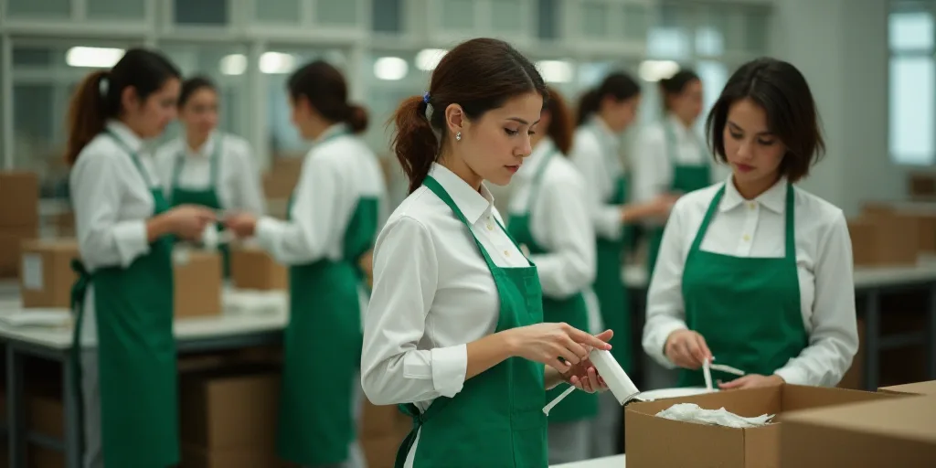 a group of women in white shirts and green aprons working in a factory with boxes on the floor, De H