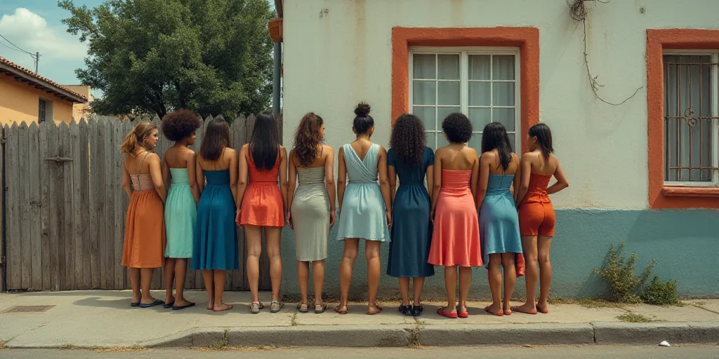 a group of women standing next to each other on a street corner in front of a building with a fence,