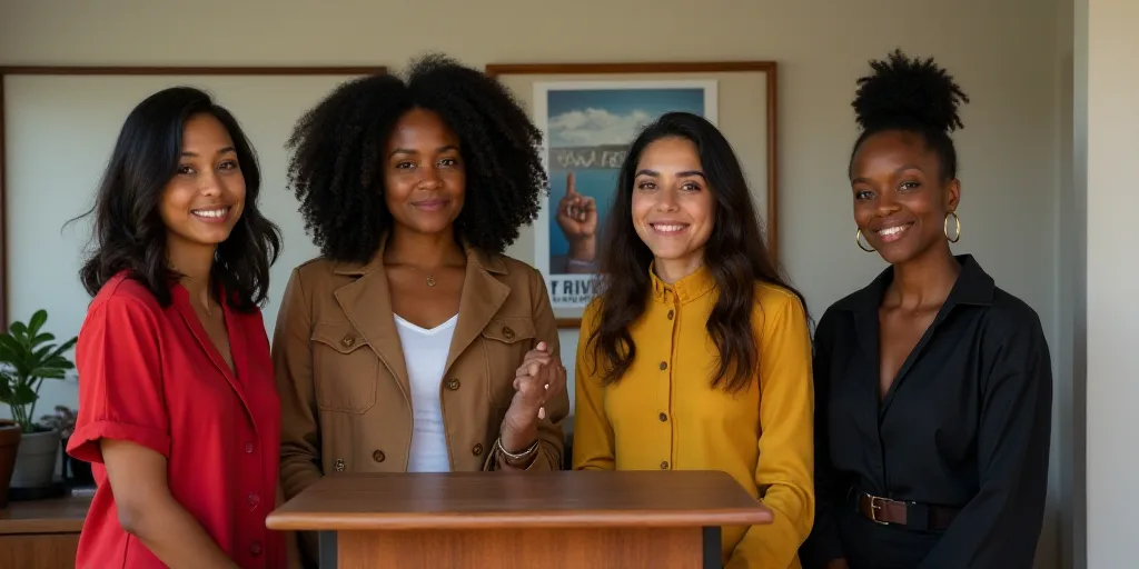 a group of women standing next to each other at a podium with a poster behind them on a wall, Aracel