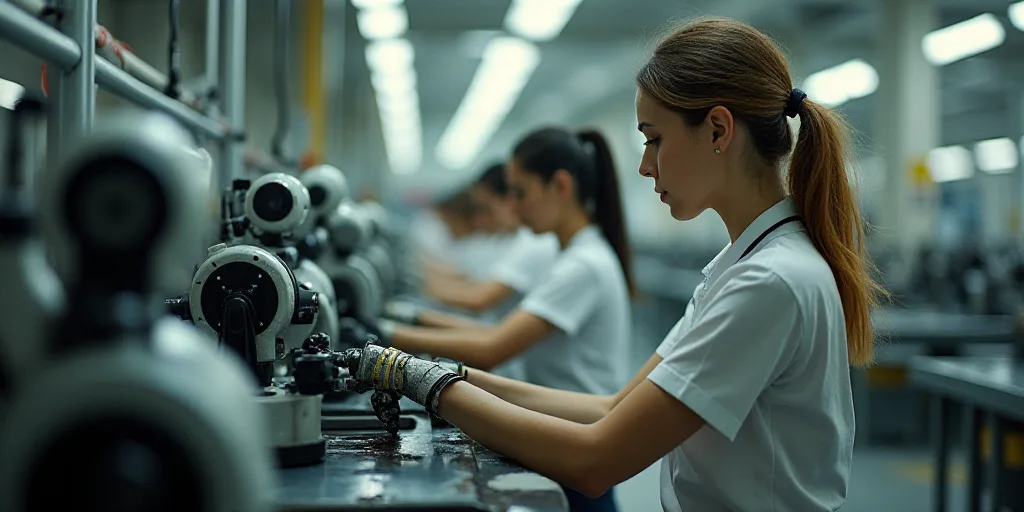 a group of women working on a machine in a factory or assembly line with a man in the background, Á