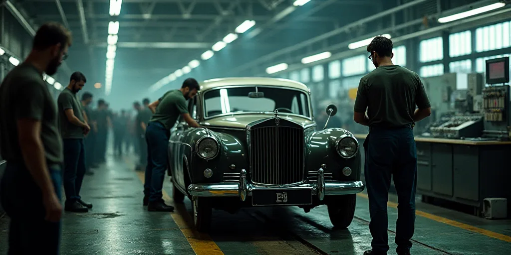 a group of workers working on a car in a factory or assembly line with a car being worked on, Évari