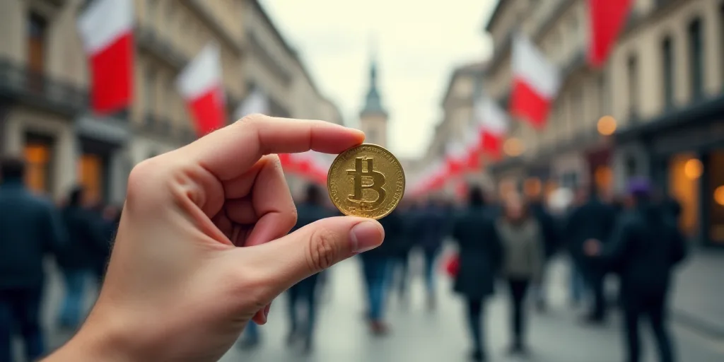 a hand holding a coin in front of a group of people in a city with flags and signs above them, Cefer