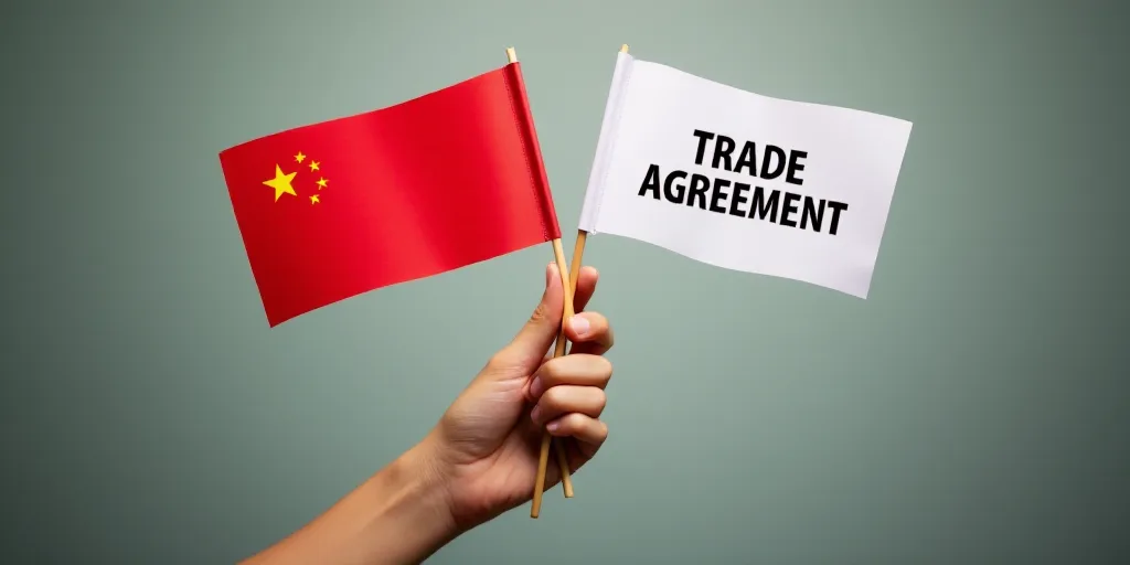 a hand holding a red and white flag with the word trade agreement on it and a red and white flag wit