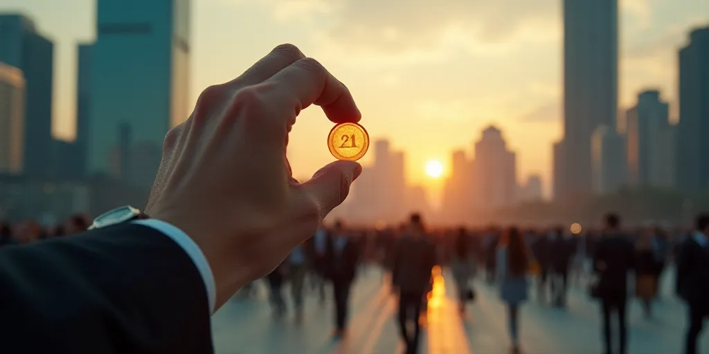 a hand is holding a button with a lot of people in the background and a city with tall buildings, Ed