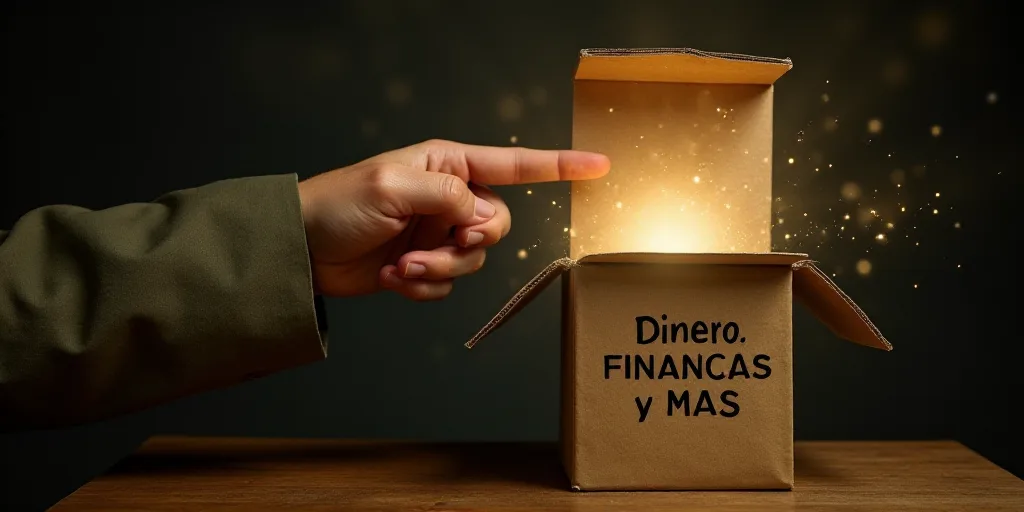 a hand pointing at a box with a light coming out of it and the words, dinero, finanzas y mas, El Gre