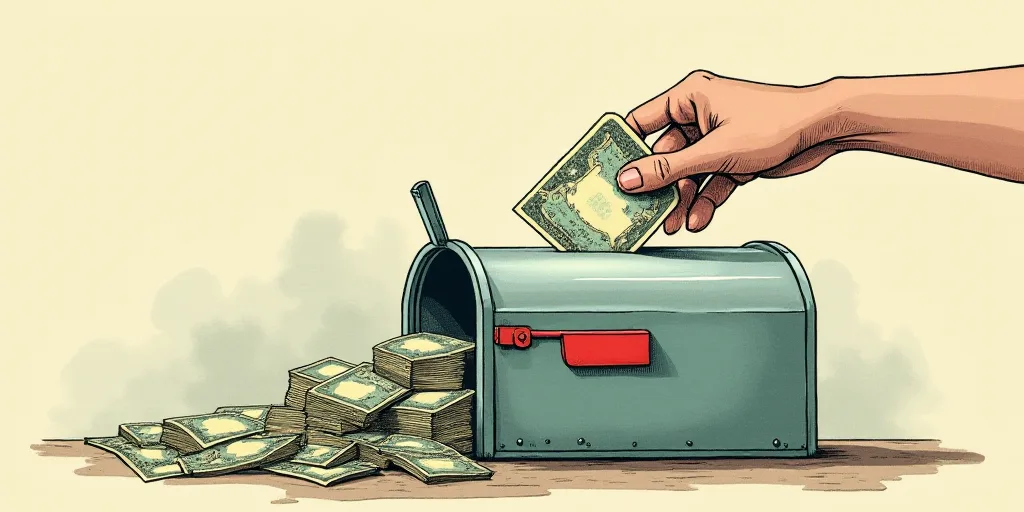 a hand putting money into a box with a mailbox and a roll of money coming out of it, Andries Stock,