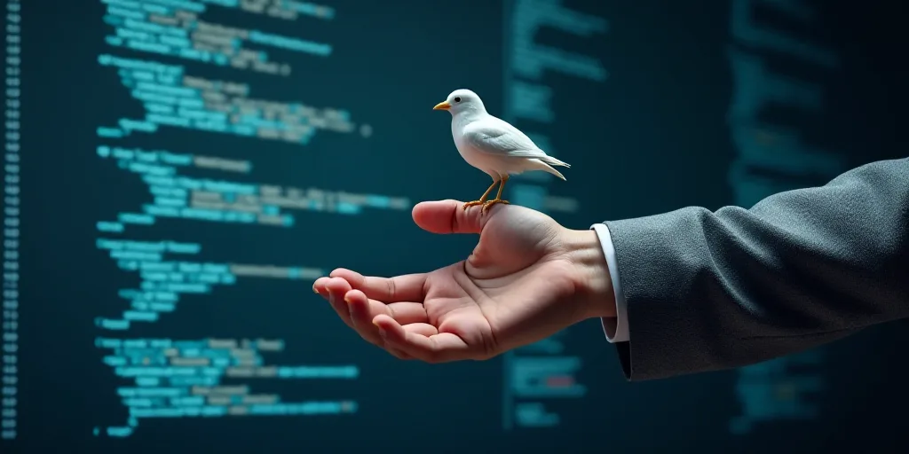 a hand shaking another hand with a bird on top of it, in front of a computer screen with a backgroun