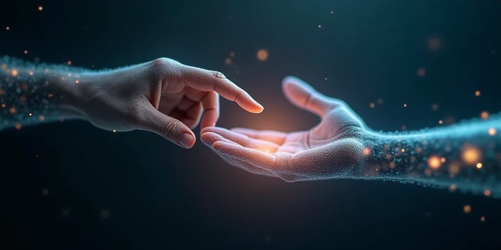 a hand touching another hand with a glowing light coming out of it's palm, with a digital background
