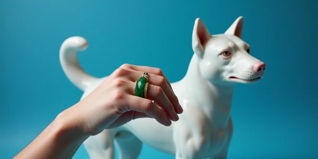 a hand with a green ring on it is in front of a blue background with a white dog logo, Enzo Cucchi,