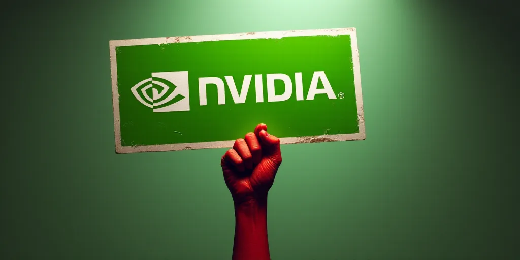 a hand with red paint holding up a green and white sign with the word nvidia on it, Andries Stock, n