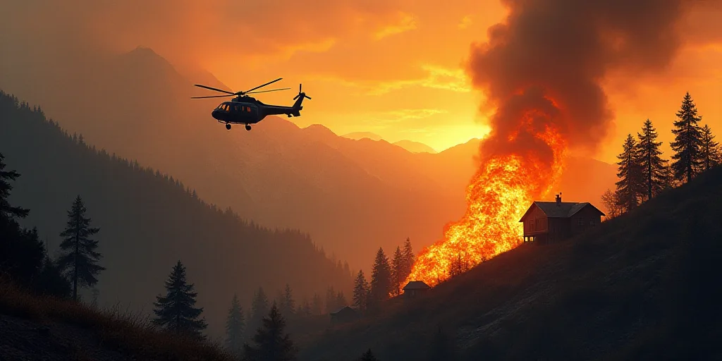 a helicopter flying over a fire burning in the mountains behind a house and a mountain side with hou