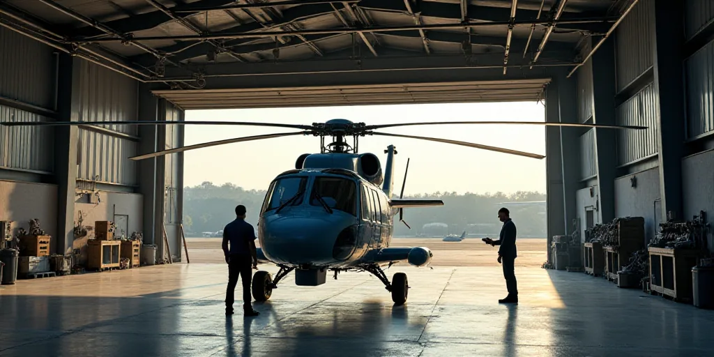 a helicopter is parked inside of a hangar with a man standing next to it and another man standing ne
