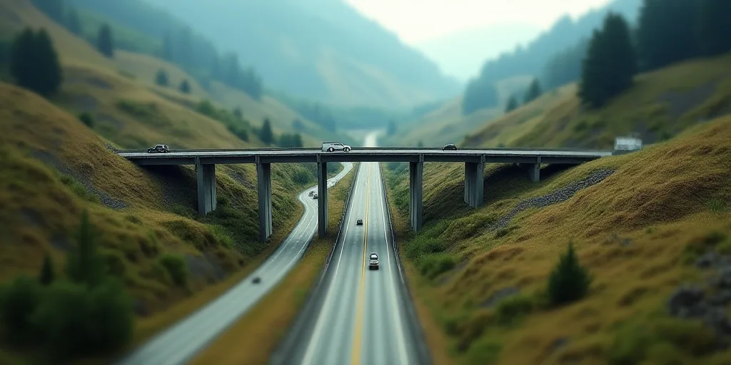 a highway that is going through a valley with a bridge in the middle of it and a road going through