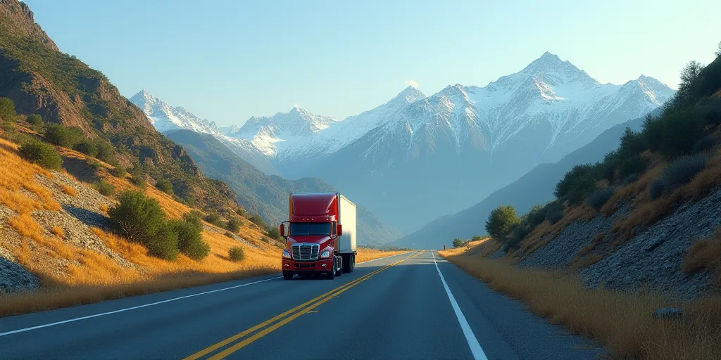 a highway with a truck driving down it's side on a mountain road with mountains in the background, E