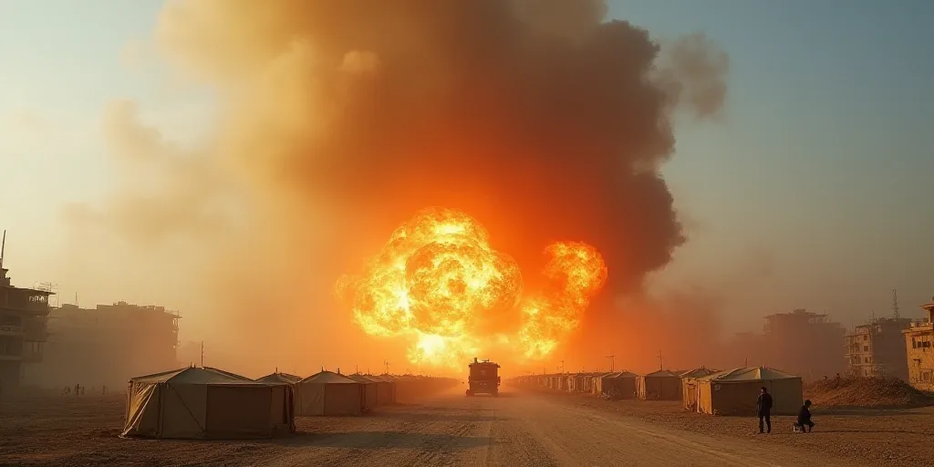 a huge explosion of smoke and dust in a city with tents and people walking around it and a sky backg