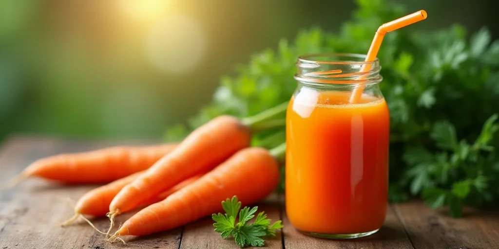 a jar of carrot juice next to a bunch of carrots and green leaves on a table with a straw, Évariste