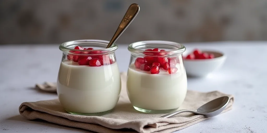 a jar of yogurt with pomegranates and a spoon on a napkin next to it, Florianne Becker, professional