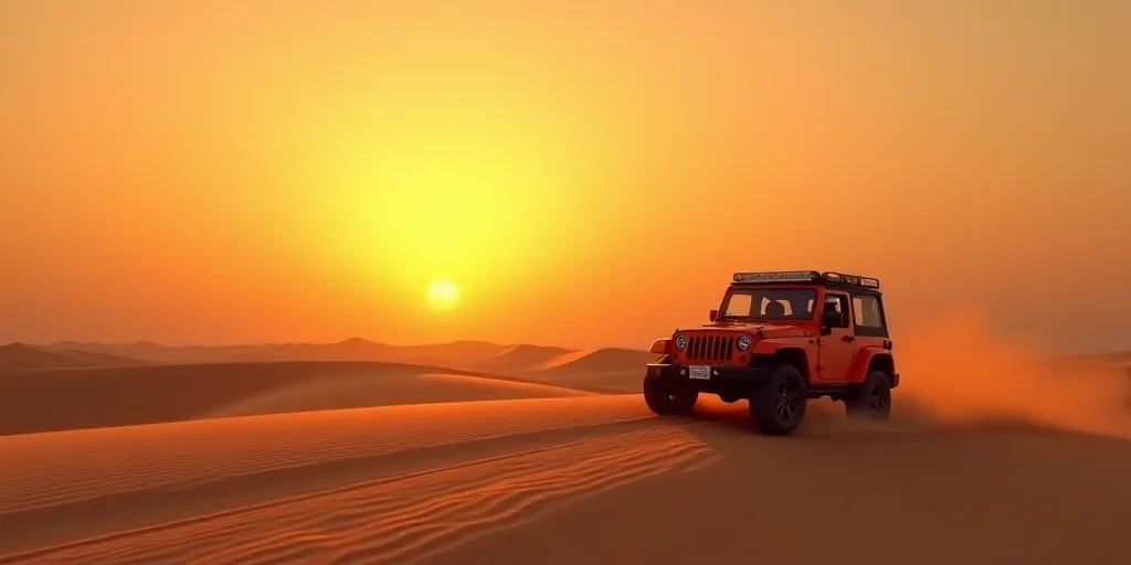 a jeep is driving through the desert at sunset or dawn, with the sun shining on the sand dunes, Beep