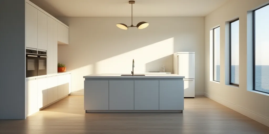 a kitchen with a stove, sink, and refrigerator in it's center island with a window in the background