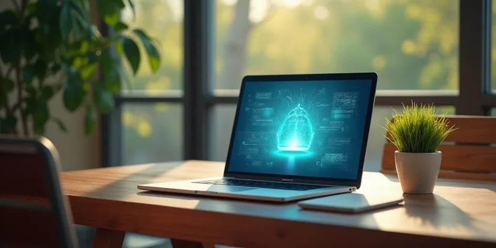 a laptop computer sitting on top of a wooden table next to a chair and a plant in a vase, Ceferí Ol