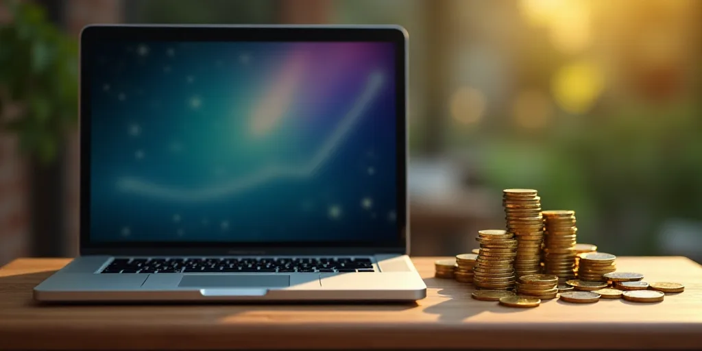 a laptop computer sitting on top of a wooden table next to stacks of coins and stacks of coins on a