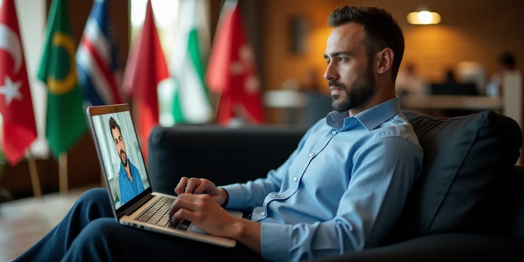 a laptop computer with a picture of a man on it's screen on a couch with flags and flags, Darrell Ri