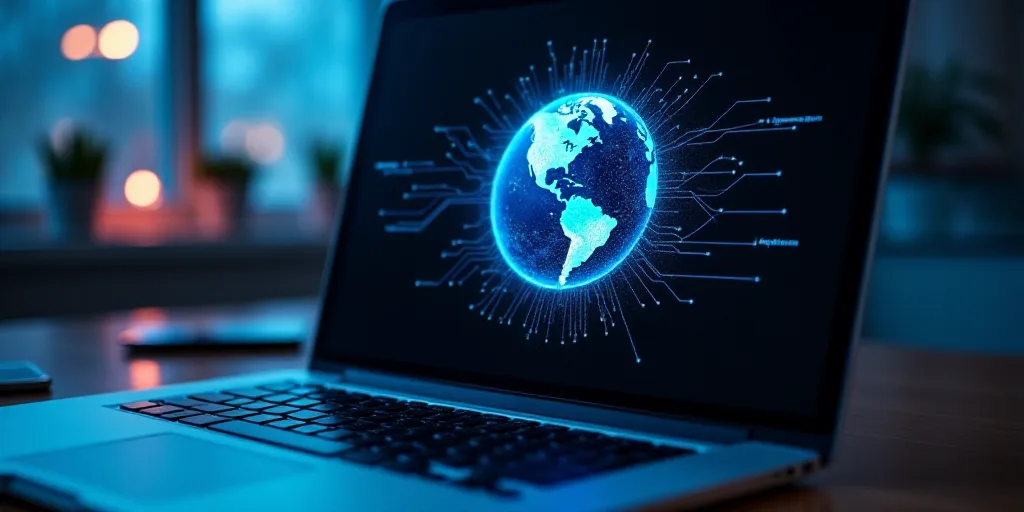 a laptop computer with the logo of the internet on it's screen and a keyboard in the background, Ei-