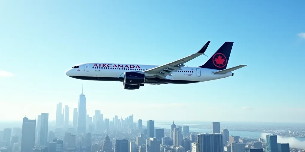 a large air canada airplane flying in the air over a city skyline with buildings and a blue sky in t