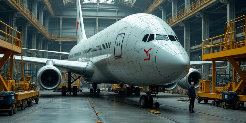 a large airplane is being built in a factory with a lot of machinery around it and a man standing ne