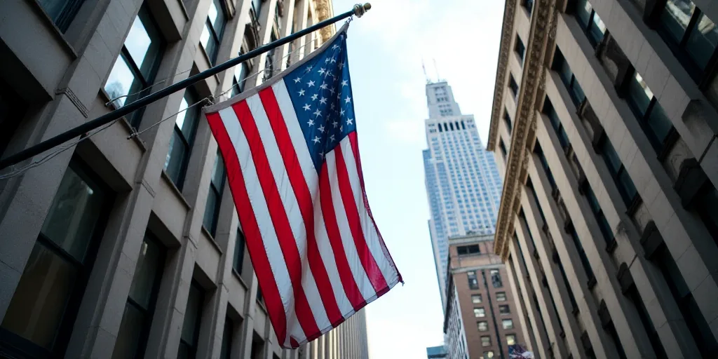 a large american flag is hanging from a building in new york city, usa, on a flagpole, Andries Stock