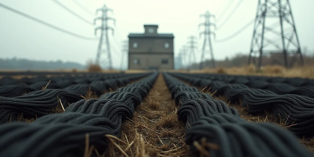a large amount of black wires are in a field near a factory building and power lines are in the back