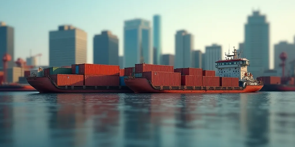 a large amount of containers are stacked up in a harbor in a city with tall buildings in the backgro