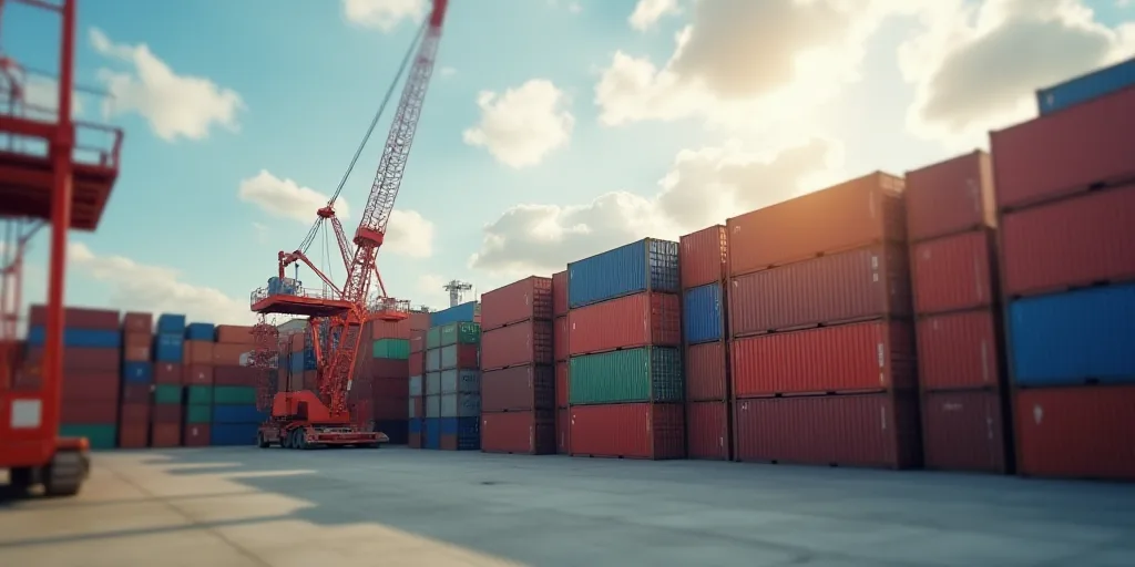 a large amount of containers are stacked up in a large warehouse area with a crane in the background