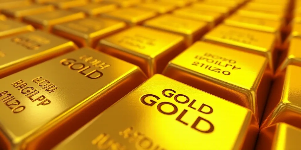 a large amount of gold bars are stacked together in rows and stacked on top of each other, with the