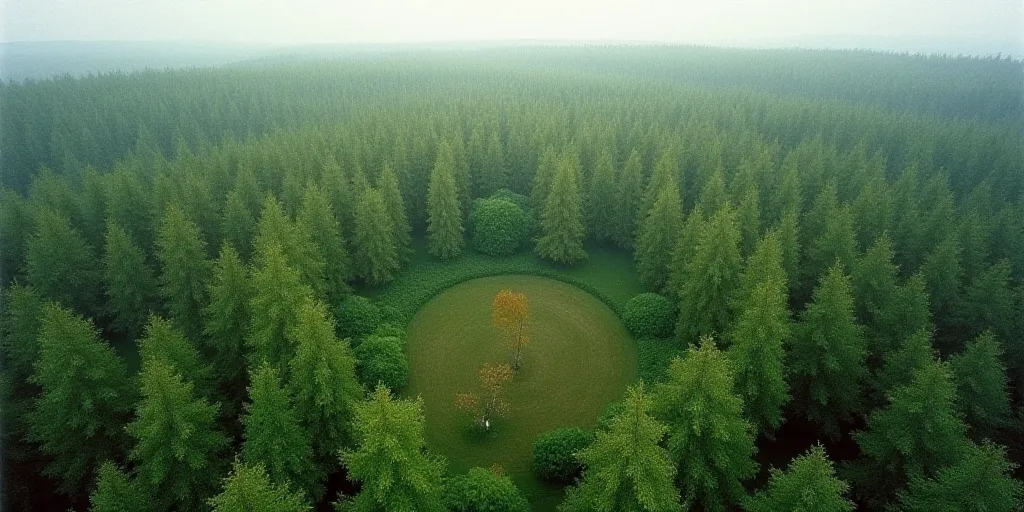 a large area of trees that are very tall and green in the middle of the day, with a few trees in the