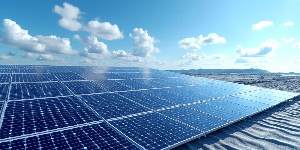a large array of solar panels on a roof top in a large area of blue sky with a few clouds, Évariste