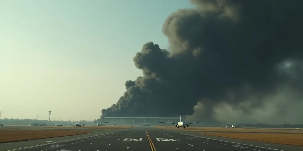 a large black cloud of smoke is coming out of a building on a runway with planes on the ground, Afew
