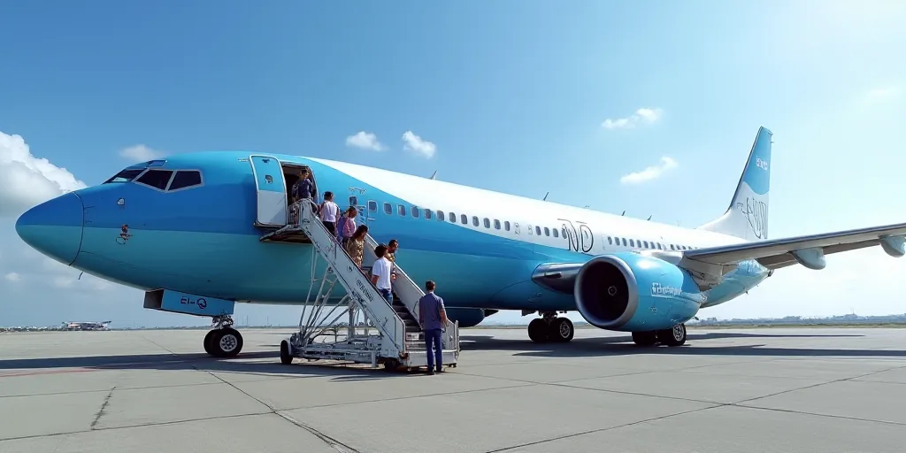 a large blue and white plane with people boarding it and a man standing on the stairs leading to it,