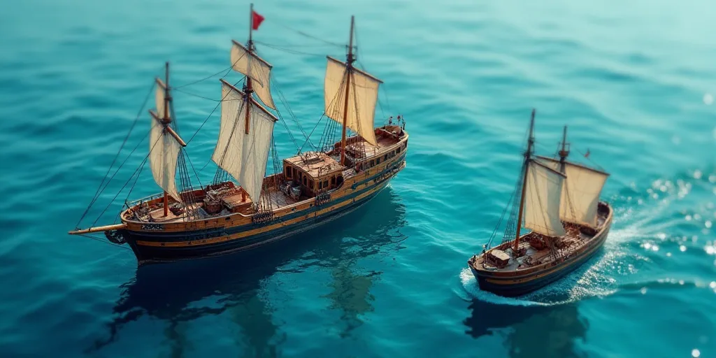 a large boat and a smaller boat in the water together in the ocean together, one boat is in the wate