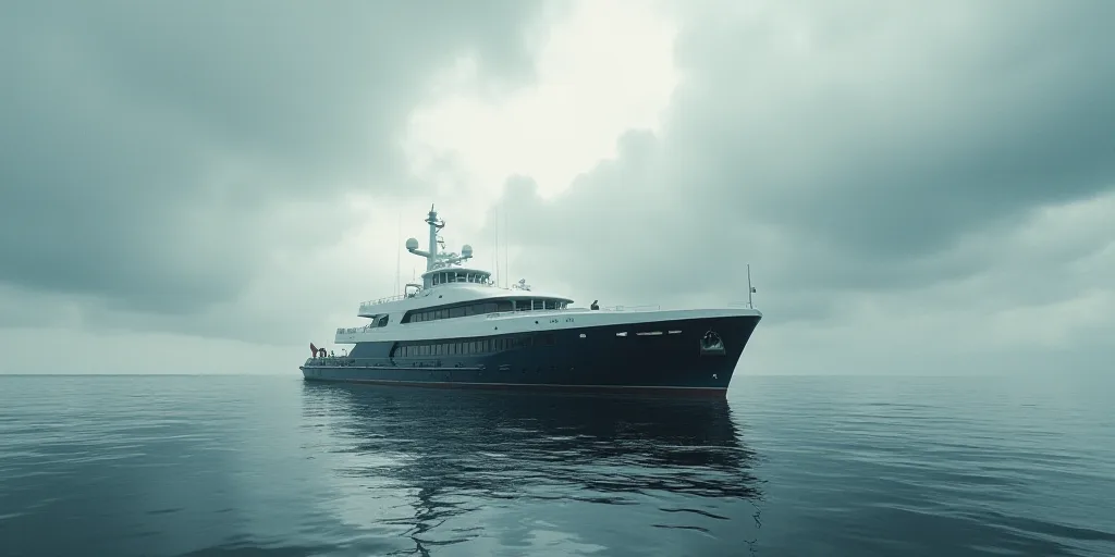 a large boat floating on top of a body of water next to a large ship in the ocean on a cloudy day, C