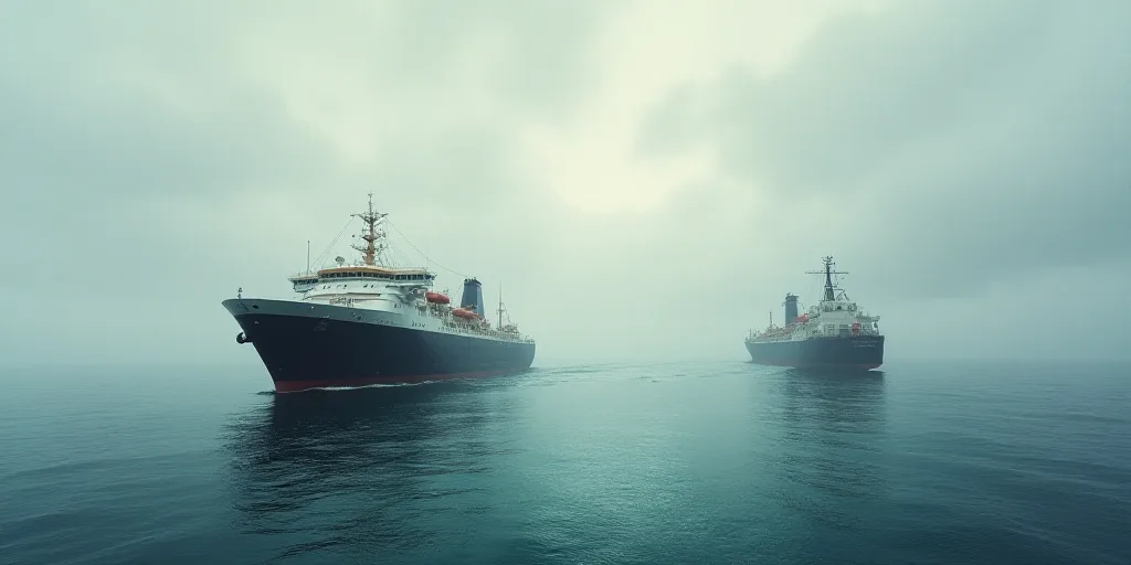 a large boat floating on top of a body of water next to a large ship in the ocean on a cloudy day, C